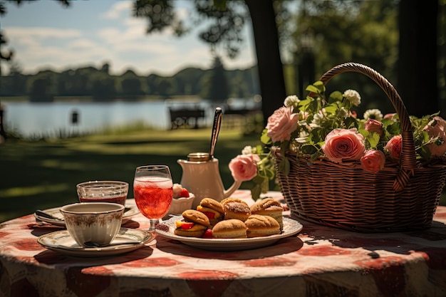 Picnic by the lake with ice cream and fruits generative IA