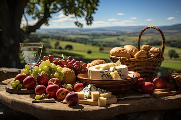 Foto picnic nel campo con mele e formaggi sotto il sole ia generativo