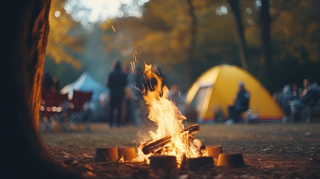 Picnic fire in the foreground is in focus Blurred background with people and the yellow tent AI