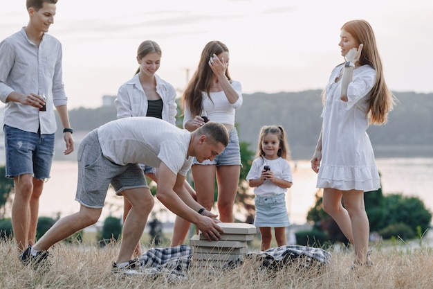 Picnic amici in giornata di sole, tramonto, compagnia, divertimento, coppie e mamma con bambino