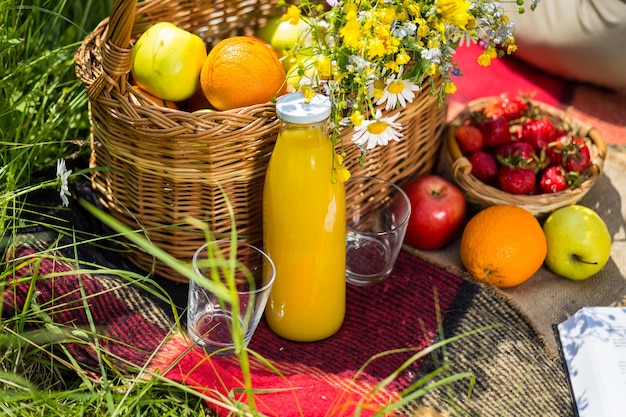 Picnic on the grass juice a bouquet of wild flowers fruitPicnic at the park on the grasshealthy food and accessoriesPicnic Grass Summer Time Rest