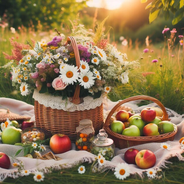 Photo a picnic on a green meadow with a basket of fruits and flowers