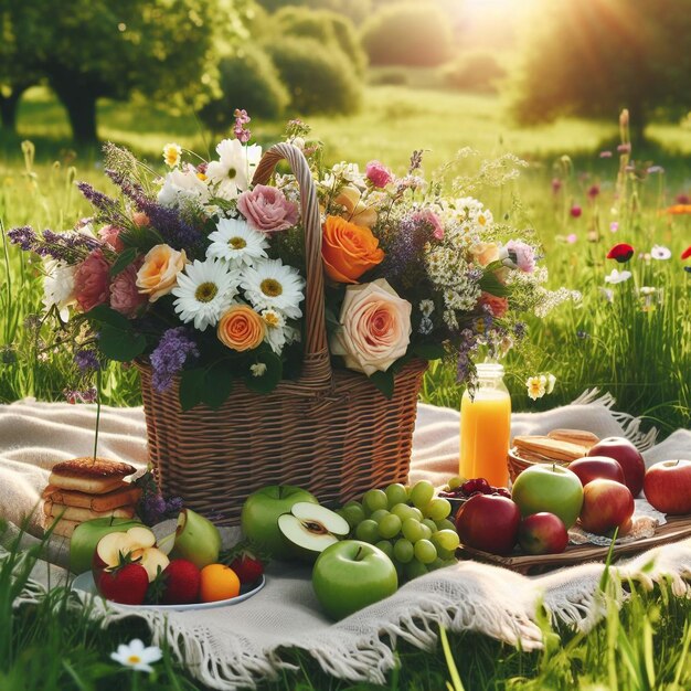 A picnic on a green meadow with a basket of fruits and flowers