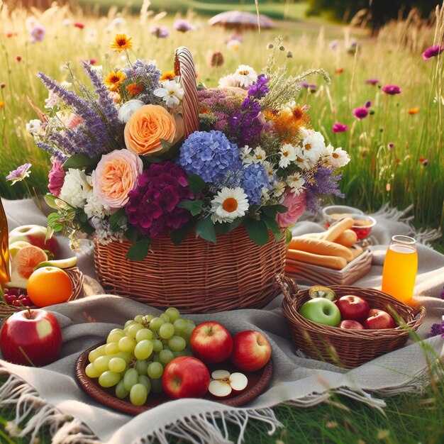 A picnic on a green meadow with a basket of fruits and flowers