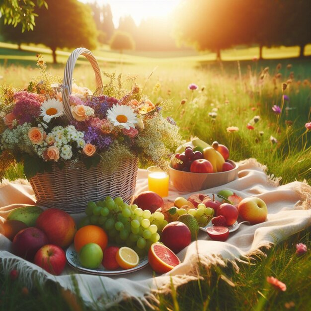 A picnic on a green meadow with a basket of fruits and flowers