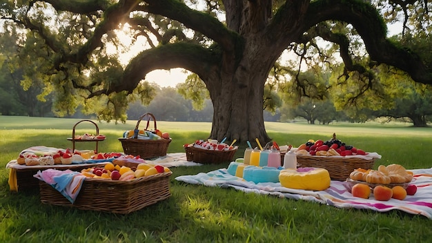 Picnic in het park met een mand met fruit en bessen