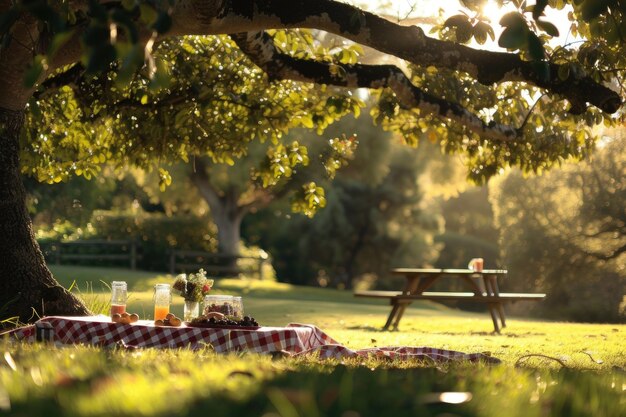 Picnic under a leafy green tree with golden sunlight filtering through