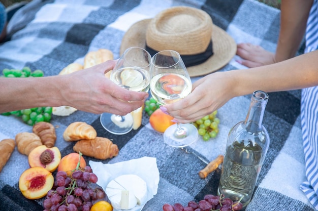 Picnic in nature, a girl and a man are holding glasses in their hands with wine. Selective focus