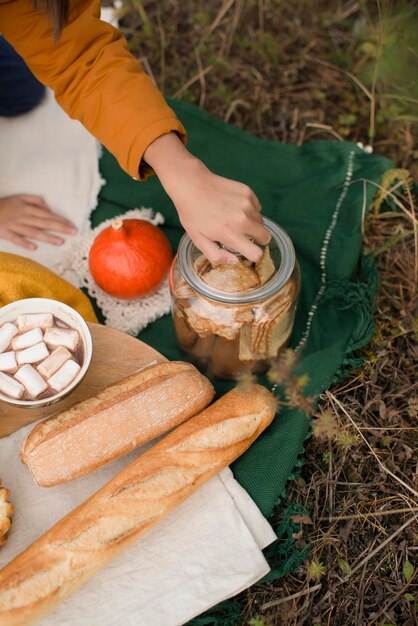 Picnic in nature, a hand takes a cookie.