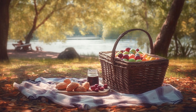 picnic in the park basket with fruits