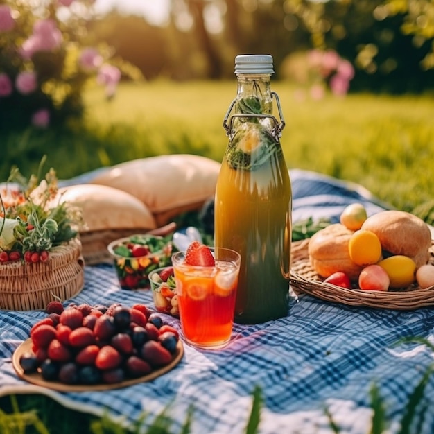 Picnic in the park on a sunny day Basket with croissants tea and fruits