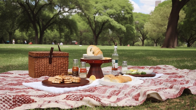 パンのかごとパンのかごを持って公園でピクニック