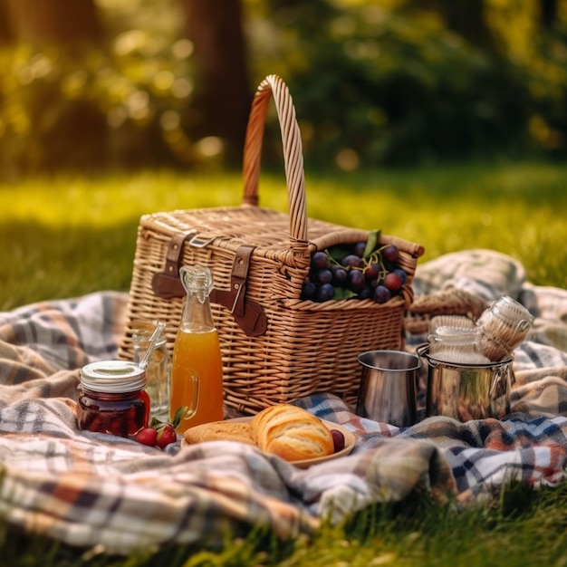 Picnic in the park with a basket of fruit croissants and juice