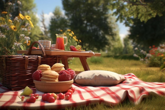 picnic in the park with a basket of raspberries and strawberries