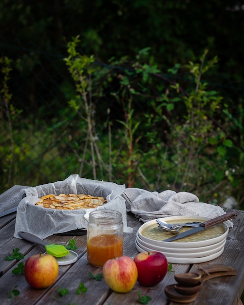 Foto pic-nic nel parco con torta di mele fatta in casa