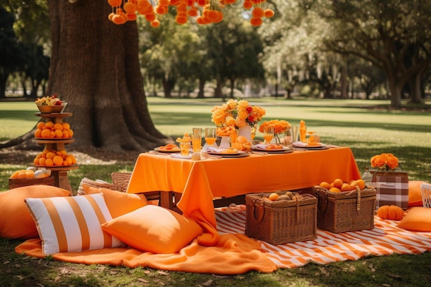 Picnic in the park with orange and white tablecloths and orange linens.