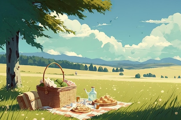 Picnic in a quiet meadow surrounded by rolling hills and sunny sky created with generative ai