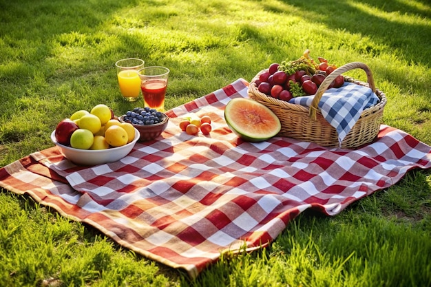 picnic scene with a checkered blanket fresh fruits and sunkissed grass