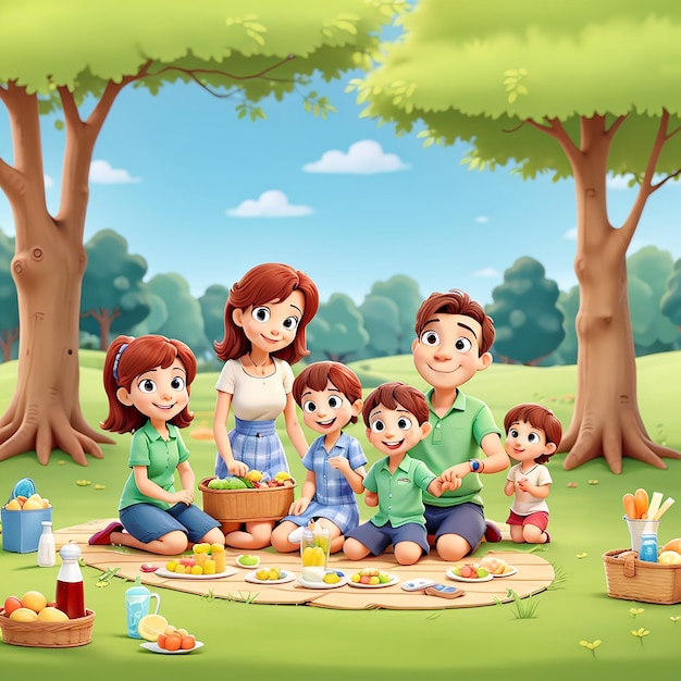 Picnic scene with happy family in the forest cartoon 3D animation Style