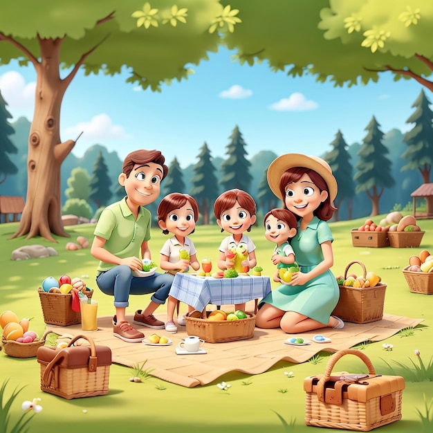 Picnic scene with happy family in the forest cartoon 3D animation Style