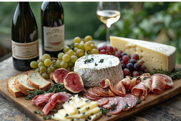 Picnic served outside with a bottle of wine cheese grapes salami on a wooden board