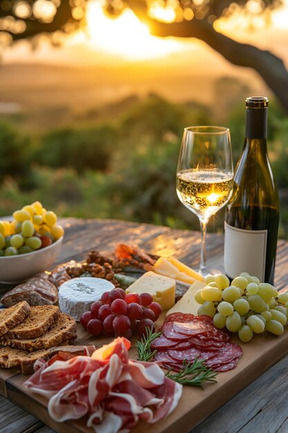 Пикник на улице с бокалом вина, сыра, винограда, салами на деревянной доске на солнечном свете.