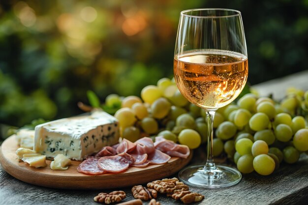 Picnic served outside with a glass of wine cheese grapes salami on a wooden board in sunlight