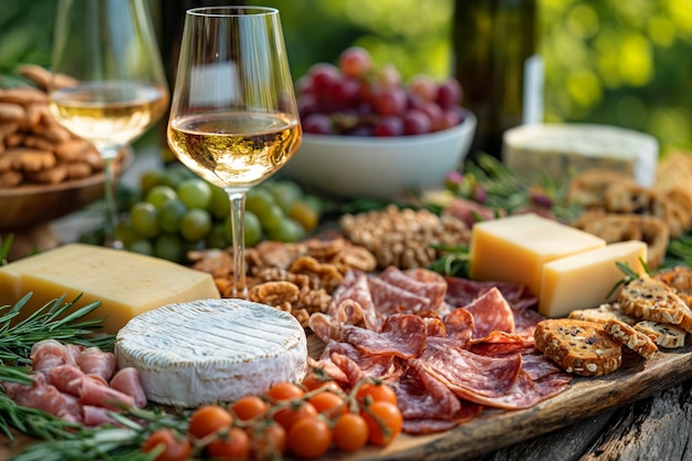 Picnic served outside with a glass of wine cheese grapes salami on a wooden board in sunlight