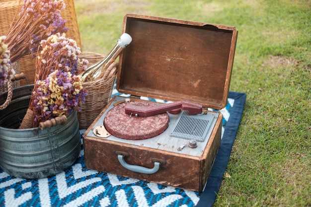 Picnic set in the park near river dried flowers baskets wine bottle book and retro gramophone vinyl record Summer spring and vacation concept