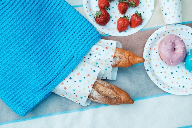 Photo picnic set with strawberries baguette knitted bag for picnic on plaid