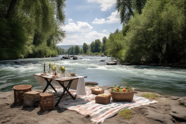 Picnic setup on a riverbank with view of rushing water created with generative ai