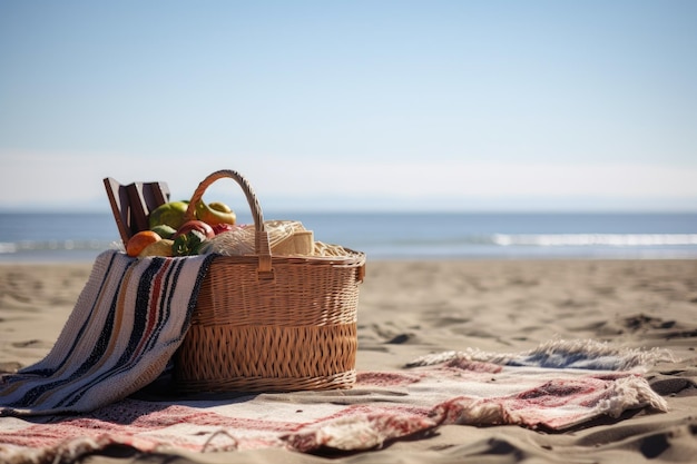 Foto allestimento picnic con cesto e coperta sulla spiaggia assolata creato con intelligenza artificiale generativa