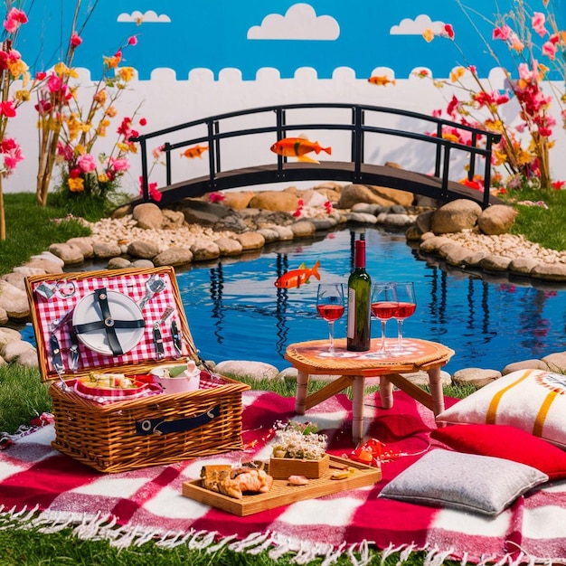 Photo picnic setup with fish pond