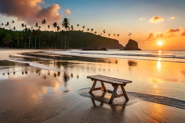 A picnic table on the beach at sunset