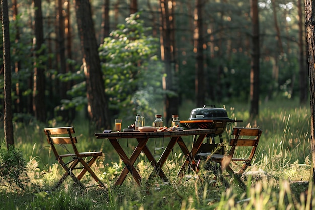 Foto tavolo da picnic nella foresta