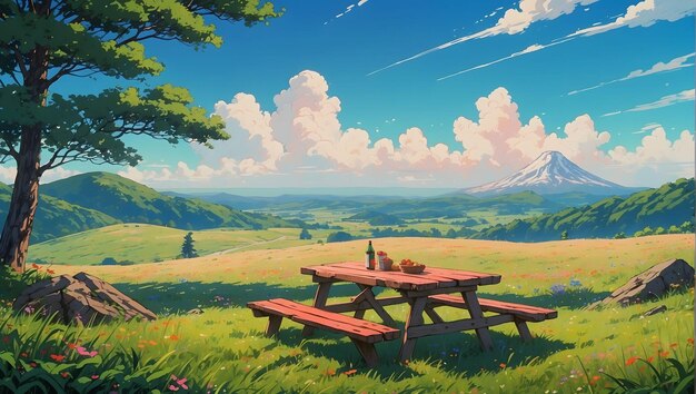 a picnic table and a mountain landscape