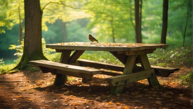 Picnic table in a tranquil forest setting