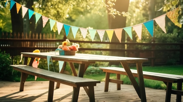 Photo picnic table with a banner that says'picnic'on it