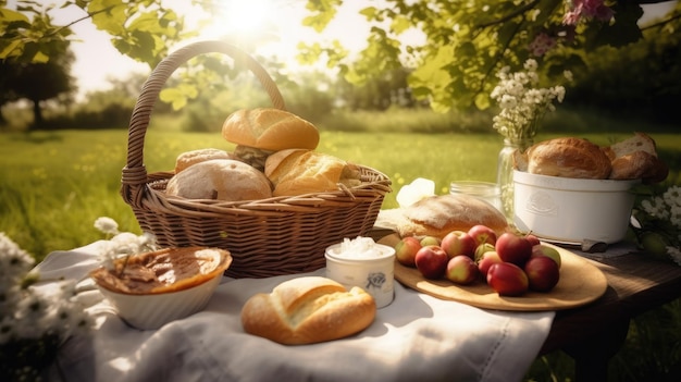 A picnic table with bread and fruit on it