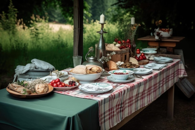 Picnic table with checkered blanket dishes and cutlery for elegant picnic created with generative ai