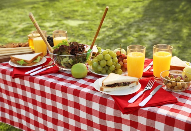 Foto tavolo da picnic con diversi snack e bevande nel parco