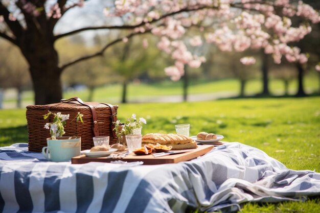 Photo a picnic table with food and glasses on it