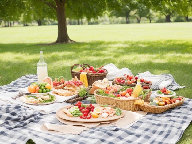 Foto un tavolo da picnic con cibo su di esso, compresa l'insalata di frutta e la bottiglia d'acqua