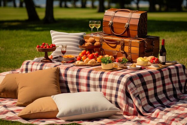 столик для пикника с клубницами и клубницами на пикниковом одеяле.