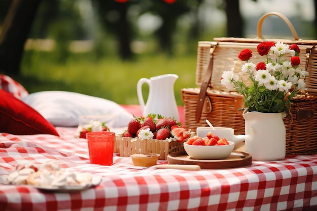 A picnic table with strawberries and strawberries