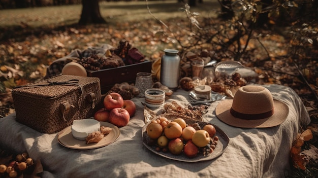 A picnic table with a table full of food and a hat on it.