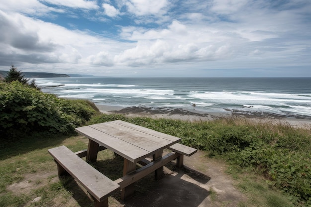 Picnic table with a view of the ocean waves rolling in created with generative ai