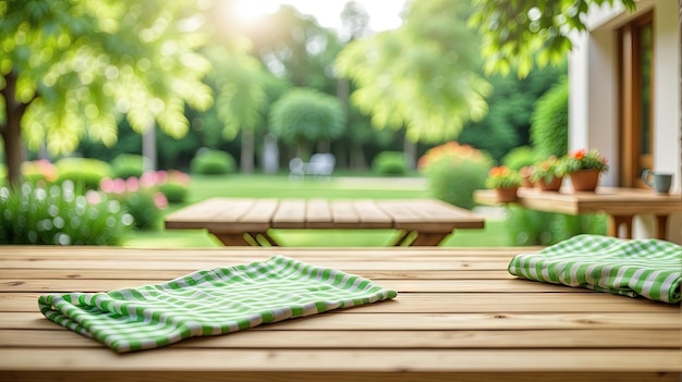 picnic tables in a park with trees in the background