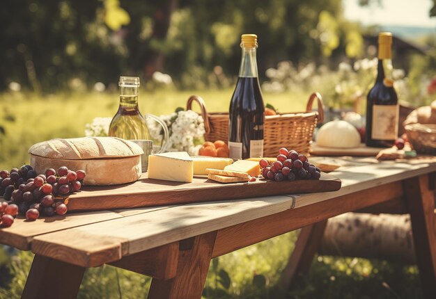 Foto tavoli da picnic e cesto da picnic con cibi, bevande e paglia