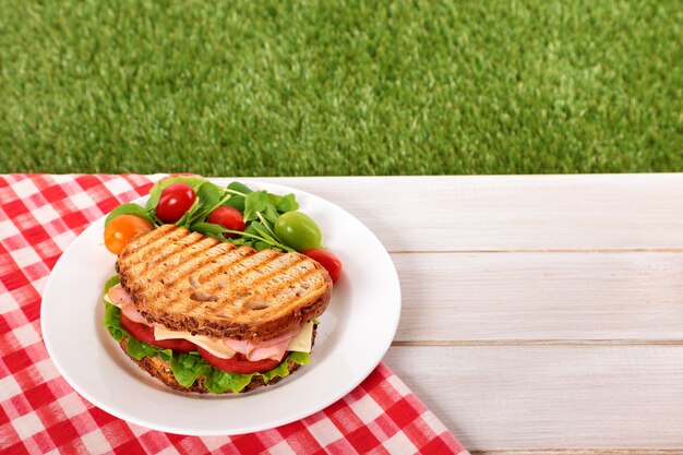 Photo picnic toasted ham and cheese sandwich on outdoor table